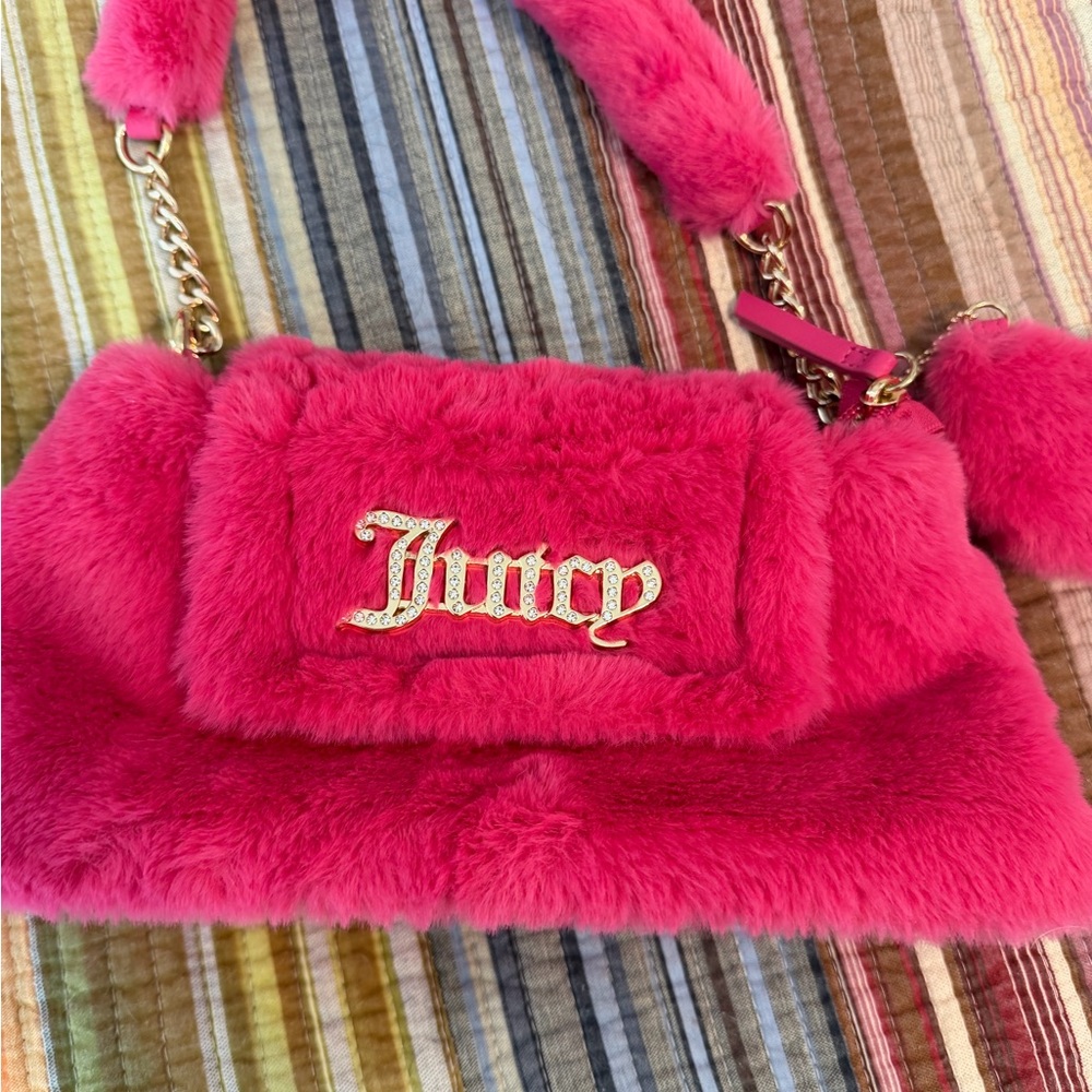 Juicy Couture Hot Pink Faux Fur Bag with Gold Chain